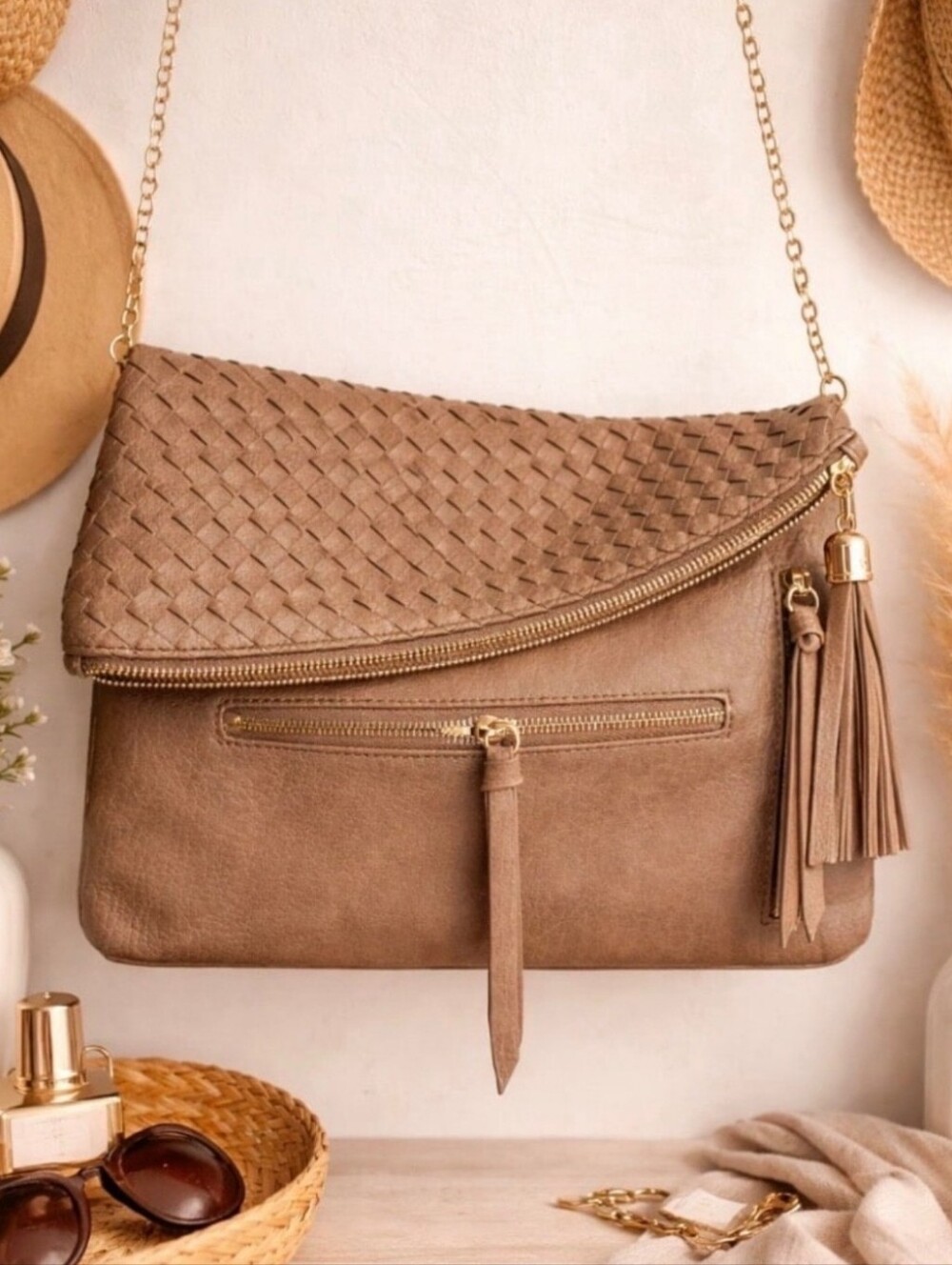 Urban Expressions Woven Flap Tassel Crossbody Clutch - Tan